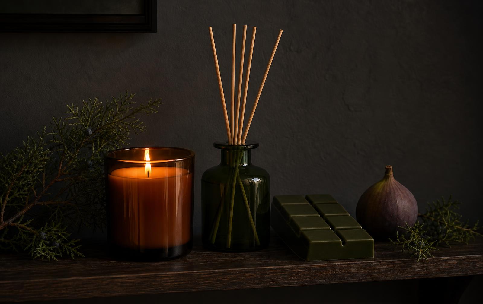 Juniper & Wick candle and reed diffuser on a dark shelf