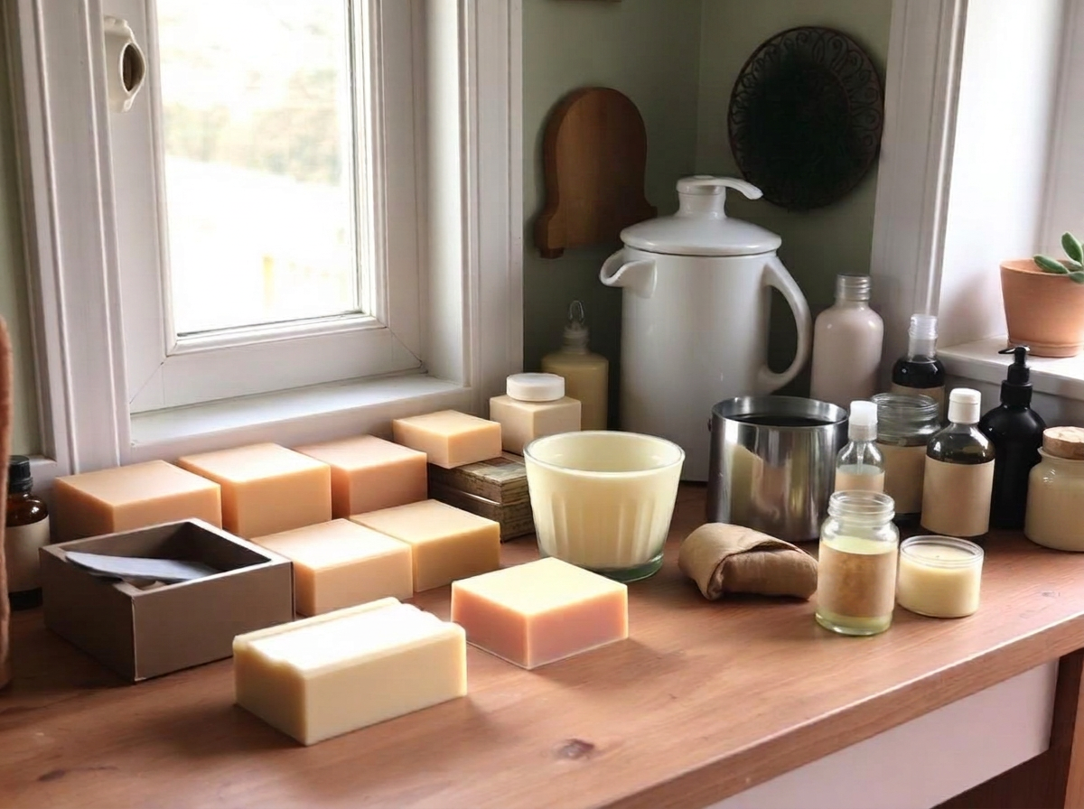 Home soap studio worktop with moulds, jugs and curing bars